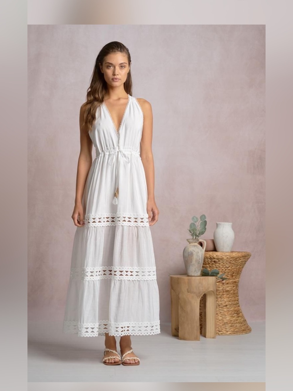 Elan Size Large White Sleeveless Lace-Trim Maxi Dress